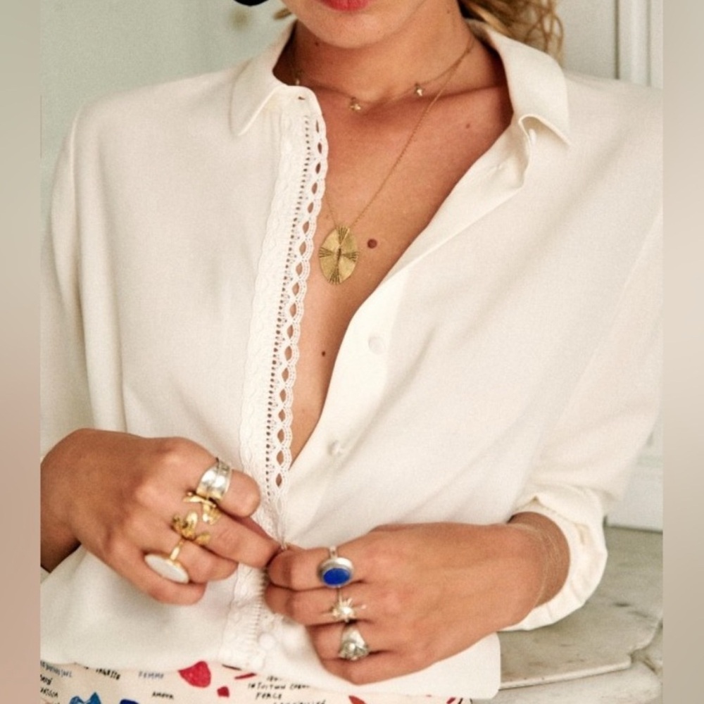 Sezane Cream Button Down Shirt with Lace Detail